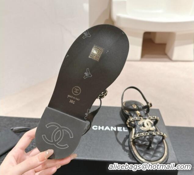 Best Product Chanel Lambskin Flat Sandals with CC and Chain Black 701108