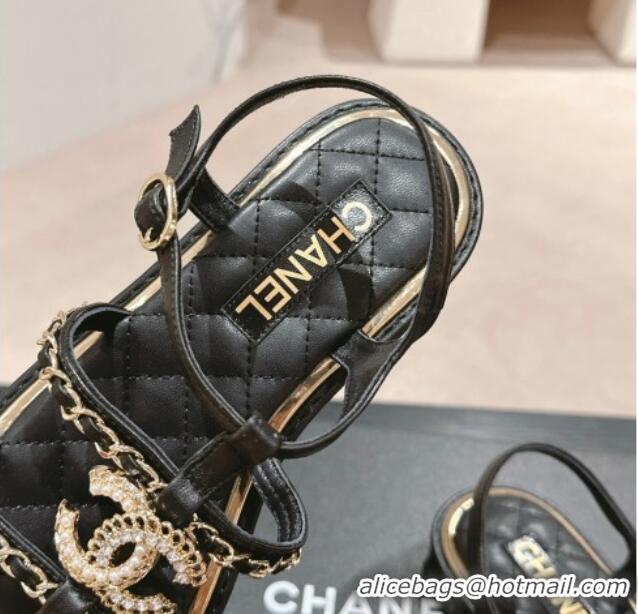 Best Product Chanel Lambskin Flat Sandals with CC and Chain Black 701108