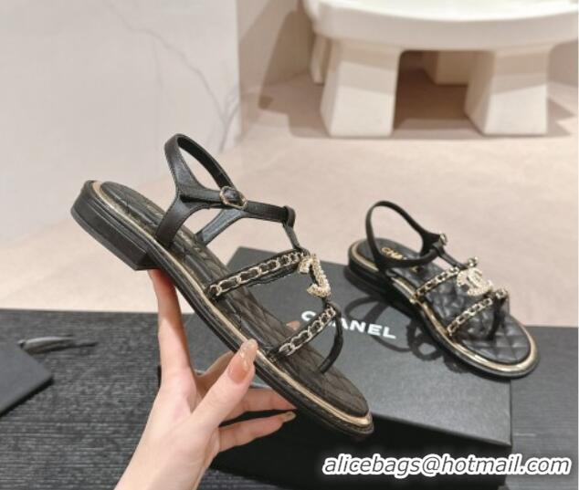 Best Product Chanel Lambskin Flat Sandals with CC and Chain Black 701108