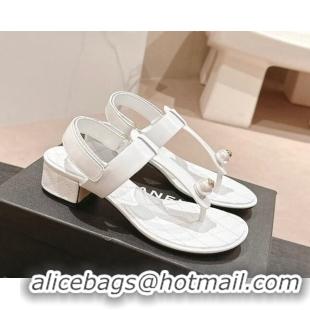 Top Grade Chanel Lambskin Heel Thong Sandals with Pearl White 701109