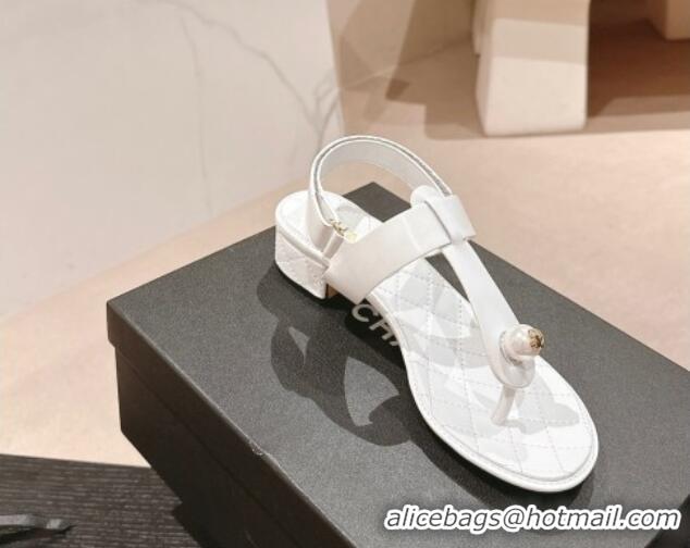 Top Grade Chanel Lambskin Heel Thong Sandals with Pearl White 701109