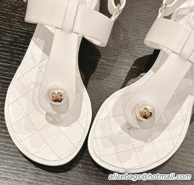 Top Grade Chanel Lambskin Heel Thong Sandals with Pearl White 701109