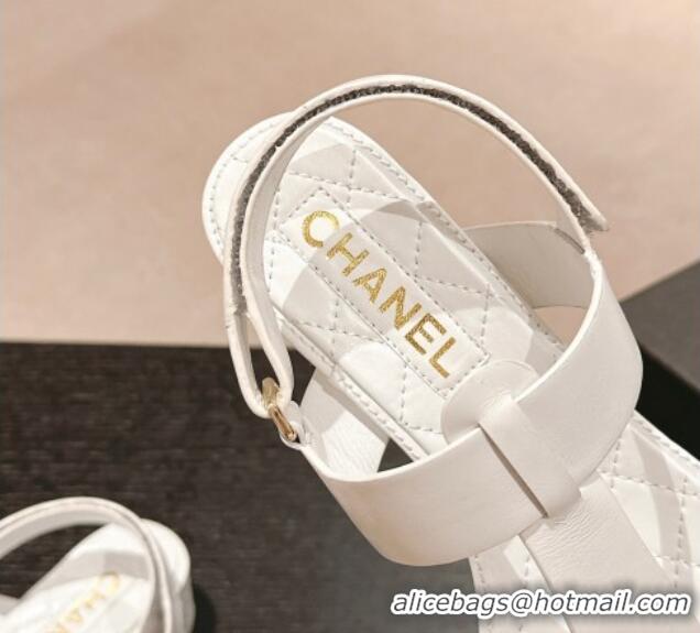 Top Grade Chanel Lambskin Heel Thong Sandals with Pearl White 701109