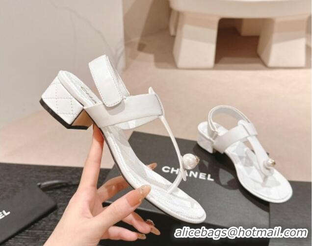 Top Grade Chanel Lambskin Heel Thong Sandals with Pearl White 701109