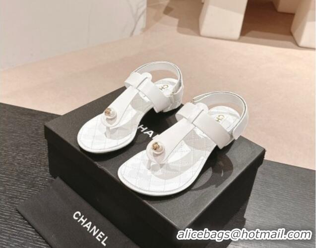 Top Grade Chanel Lambskin Heel Thong Sandals with Pearl White 701109