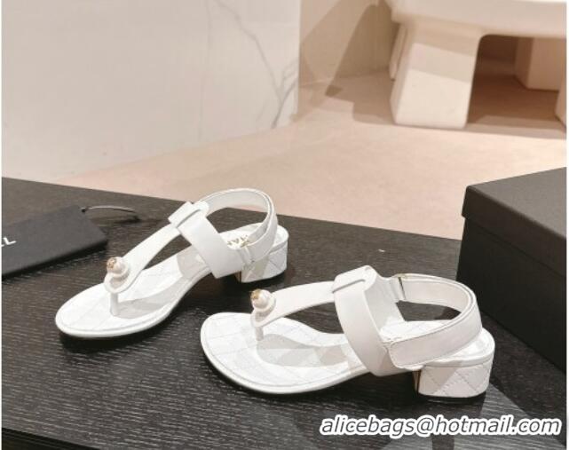 Top Grade Chanel Lambskin Heel Thong Sandals with Pearl White 701109