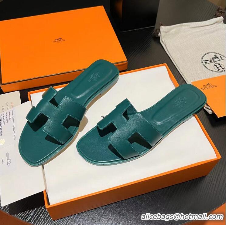 ​Promotional Hermes Classic Oran Flat Slide Sandals In Smooth Leather 012307 Green