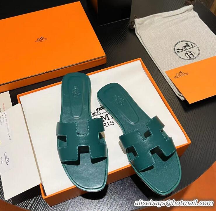 ​Promotional Hermes Classic Oran Flat Slide Sandals In Smooth Leather 012307 Green