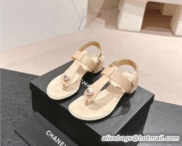 Pretty Style Chanel Lambskin Heel Thong Sandals with Pearl Beige 701110