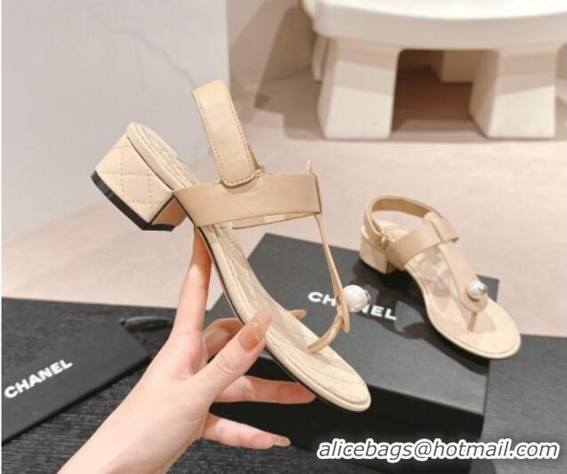 Pretty Style Chanel Lambskin Heel Thong Sandals with Pearl Beige 701110