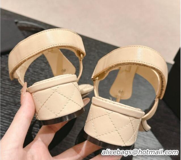 Pretty Style Chanel Lambskin Heel Thong Sandals with Pearl Beige 701110