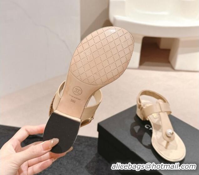 Pretty Style Chanel Lambskin Heel Thong Sandals with Pearl Beige 701110