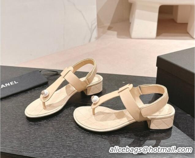 Pretty Style Chanel Lambskin Heel Thong Sandals with Pearl Beige 701110