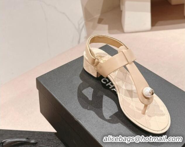 Pretty Style Chanel Lambskin Heel Thong Sandals with Pearl Beige 701110