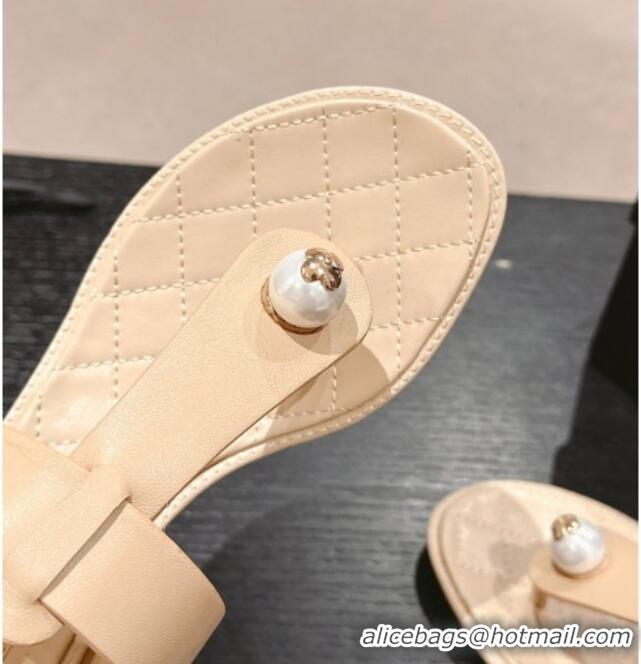 Pretty Style Chanel Lambskin Heel Thong Sandals with Pearl Beige 701110