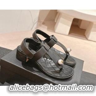 Classic Hot Chanel Lambskin Heel Thong Sandals with Pearl Black 701111