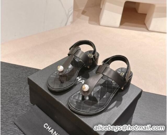 Classic Hot Chanel Lambskin Heel Thong Sandals with Pearl Black 701111