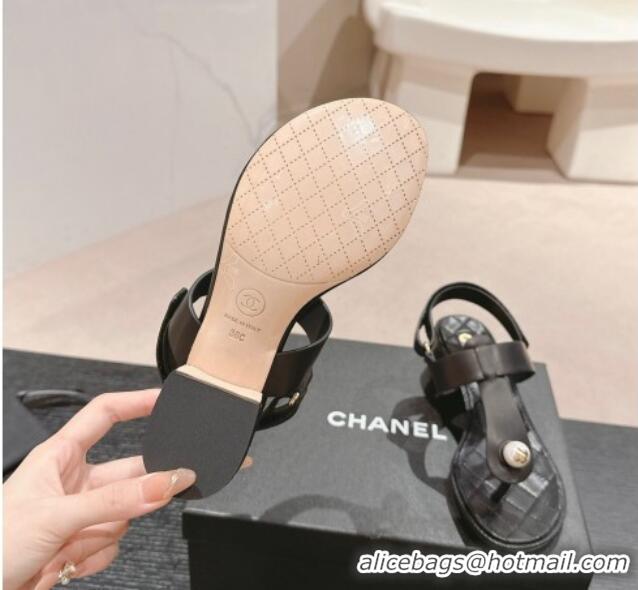 Classic Hot Chanel Lambskin Heel Thong Sandals with Pearl Black 701111