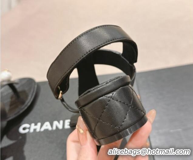 Classic Hot Chanel Lambskin Heel Thong Sandals with Pearl Black 701111