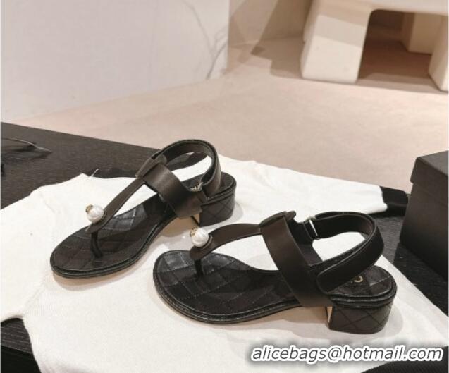 Classic Hot Chanel Lambskin Heel Thong Sandals with Pearl Black 701111