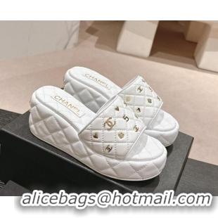 Good Quality Chanel Lambskin Wedge Slides Sandal 6.5cm with Logo Charm White 701112