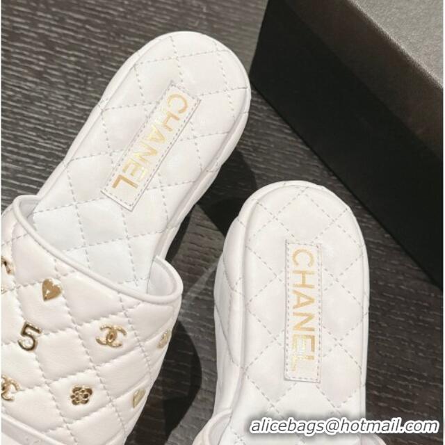 Good Quality Chanel Lambskin Wedge Slides Sandal 6.5cm with Logo Charm White 701112