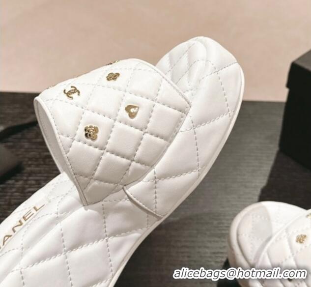 Good Quality Chanel Lambskin Wedge Slides Sandal 6.5cm with Logo Charm White 701112