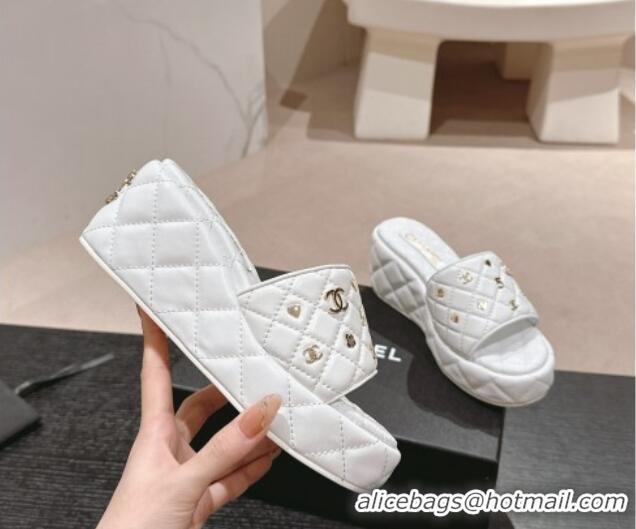 Good Quality Chanel Lambskin Wedge Slides Sandal 6.5cm with Logo Charm White 701112