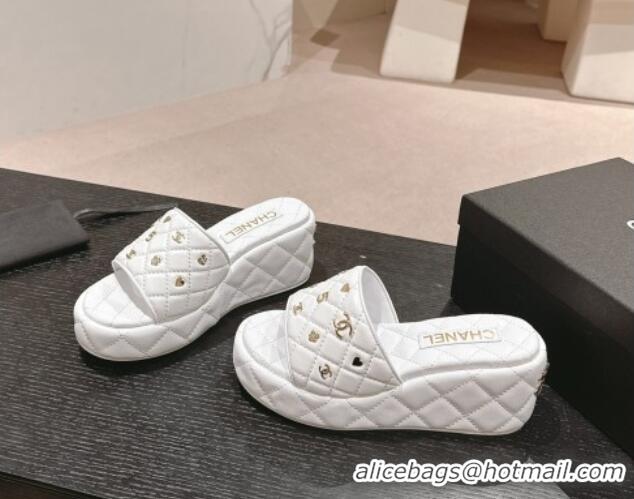 Good Quality Chanel Lambskin Wedge Slides Sandal 6.5cm with Logo Charm White 701112