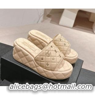 Grade Quality Chanel Lambskin Wedge Slides Sandal 6.5cm with Logo Charm Beige 701113