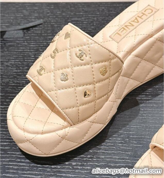 Grade Quality Chanel Lambskin Wedge Slides Sandal 6.5cm with Logo Charm Beige 701113