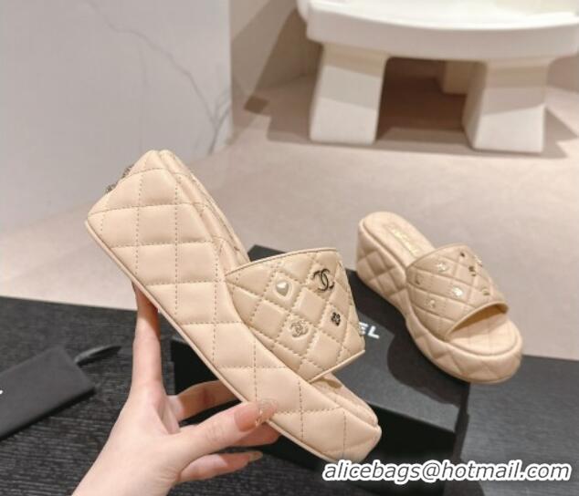 Grade Quality Chanel Lambskin Wedge Slides Sandal 6.5cm with Logo Charm Beige 701113