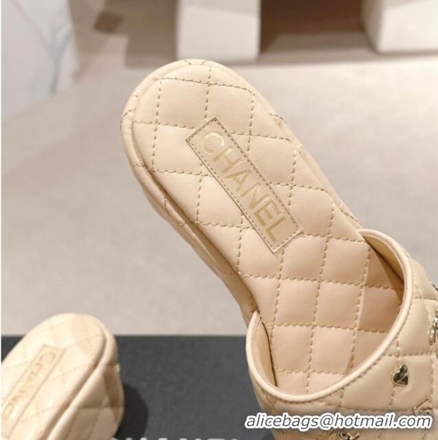 Grade Quality Chanel Lambskin Wedge Slides Sandal 6.5cm with Logo Charm Beige 701113