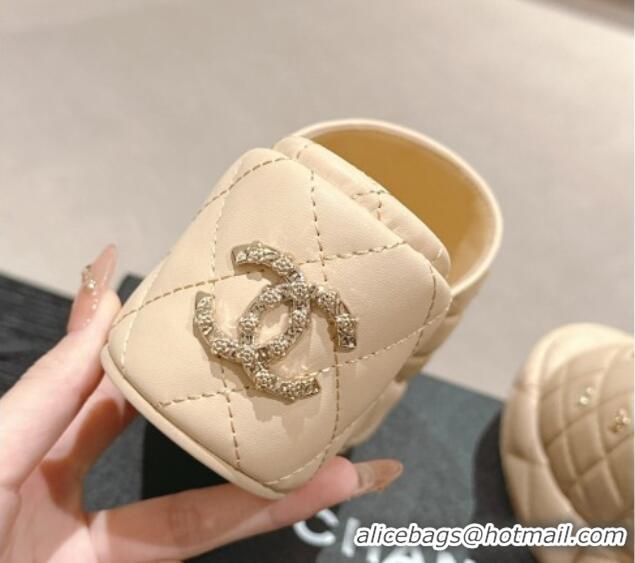 Grade Quality Chanel Lambskin Wedge Slides Sandal 6.5cm with Logo Charm Beige 701113