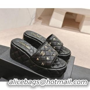 Best Grade Chanel Lambskin Wedge Slides Sandal 6.5cm with Logo Charm Black 701114