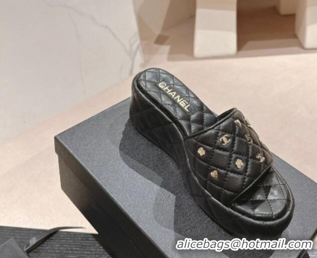 Best Grade Chanel Lambskin Wedge Slides Sandal 6.5cm with Logo Charm Black 701114