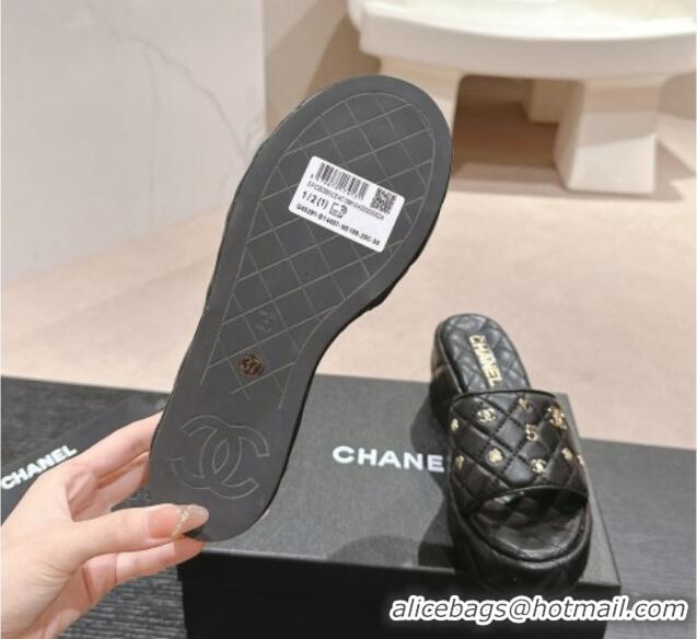 Best Grade Chanel Lambskin Wedge Slides Sandal 6.5cm with Logo Charm Black 701114