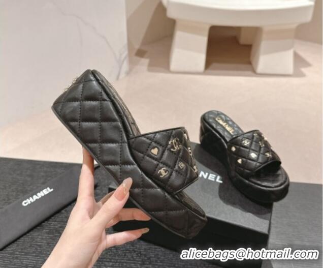 Best Grade Chanel Lambskin Wedge Slides Sandal 6.5cm with Logo Charm Black 701114