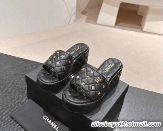 Best Grade Chanel Lambskin Wedge Slides Sandal 6.5cm with Logo Charm Black 701114