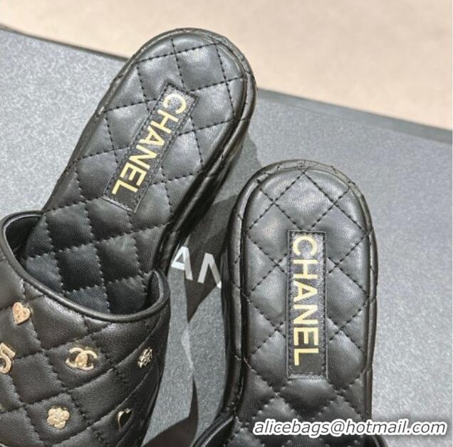 Best Grade Chanel Lambskin Wedge Slides Sandal 6.5cm with Logo Charm Black 701114