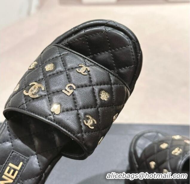 Best Grade Chanel Lambskin Wedge Slides Sandal 6.5cm with Logo Charm Black 701114