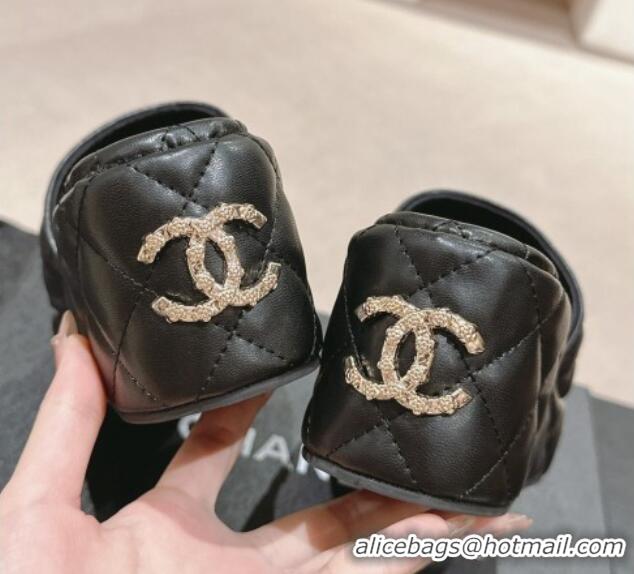 Best Grade Chanel Lambskin Wedge Slides Sandal 6.5cm with Logo Charm Black 701114