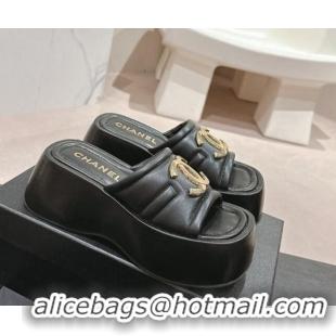 Unique Style Chanel Lambskin Platform Slides Sandal 7cm with Maxi CC Black 701115