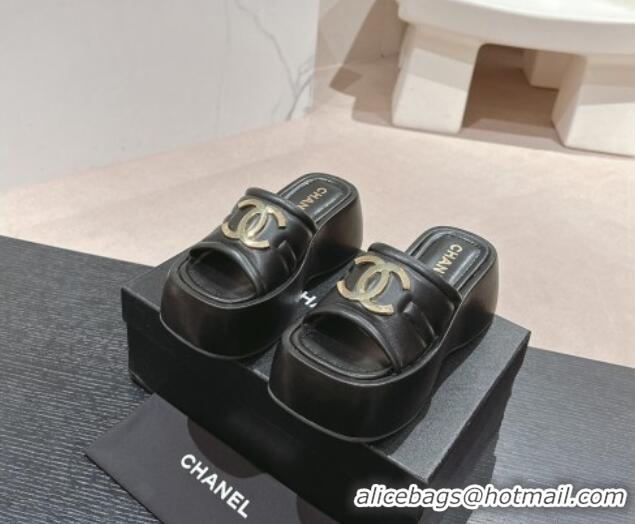 Unique Style Chanel Lambskin Platform Slides Sandal 7cm with Maxi CC Black 701115