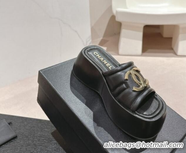 Unique Style Chanel Lambskin Platform Slides Sandal 7cm with Maxi CC Black 701115