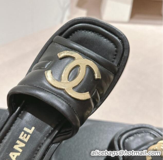 Unique Style Chanel Lambskin Platform Slides Sandal 7cm with Maxi CC Black 701115