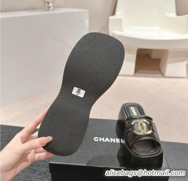 Unique Style Chanel Lambskin Platform Slides Sandal 7cm with Maxi CC Black 701115