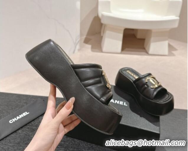 Unique Style Chanel Lambskin Platform Slides Sandal 7cm with Maxi CC Black 701115