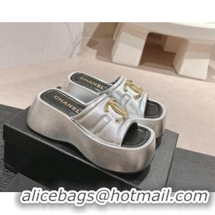 Good Looking Chanel Lambskin Platform Slides Sandal 7cm with Maxi CC Silver 701116