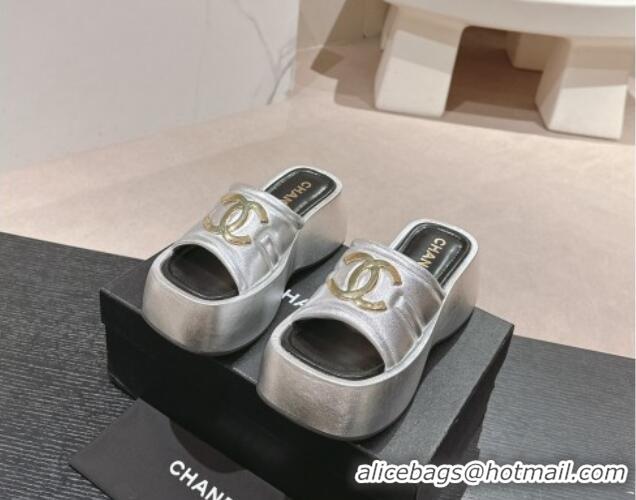 Good Looking Chanel Lambskin Platform Slides Sandal 7cm with Maxi CC Silver 701116